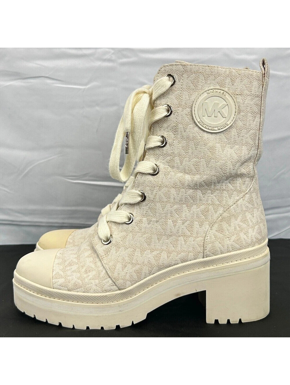 Michael Kors Canvas Combat Boots Platform Lug Sole Cream Beige Size 7